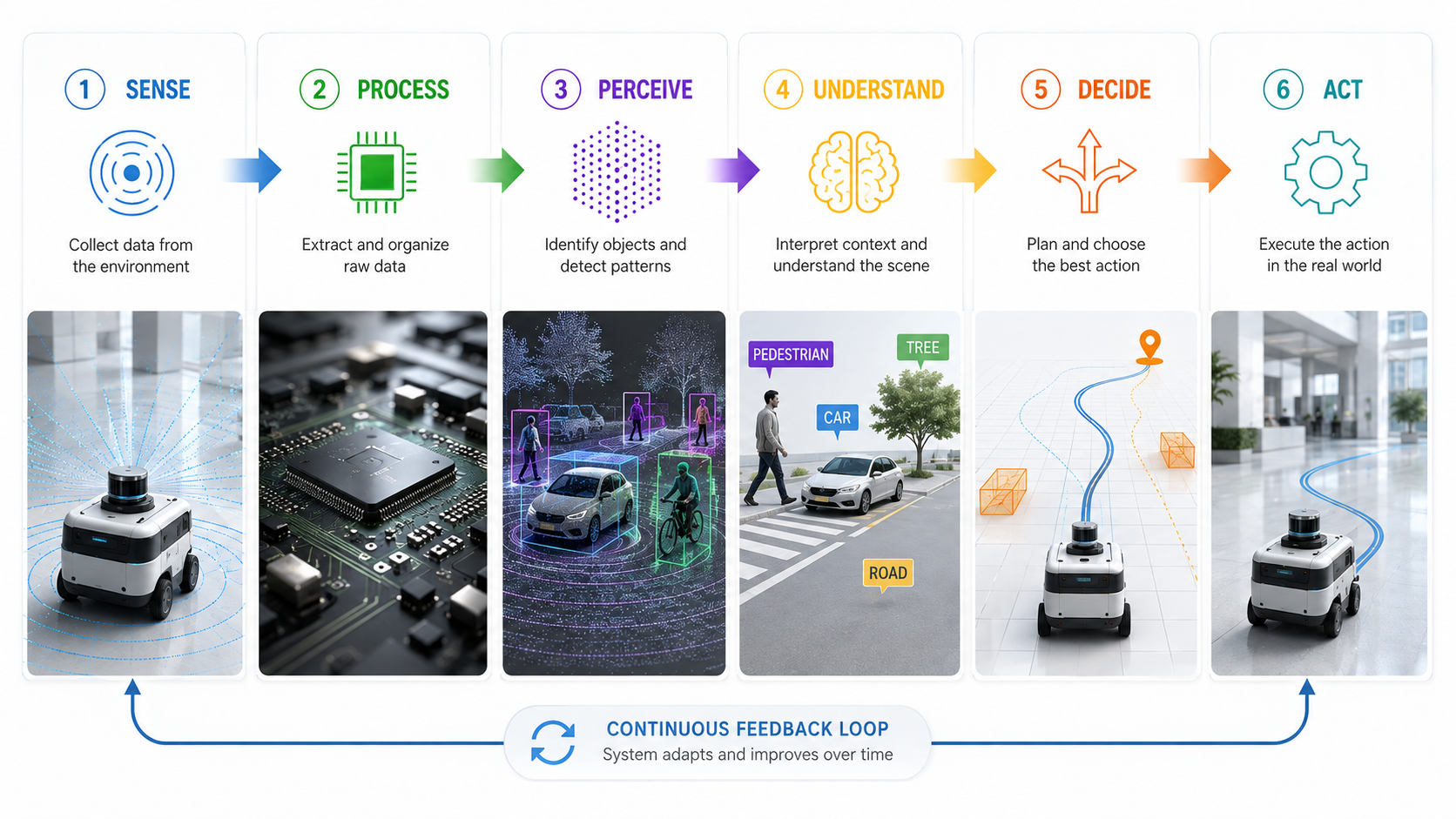 Robot perception pipeline: Sense, Process, Perceive, Understand, Decide, Act